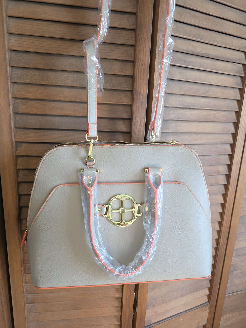 IMAN Cream Satchel with Coral Trim and Gold Accent